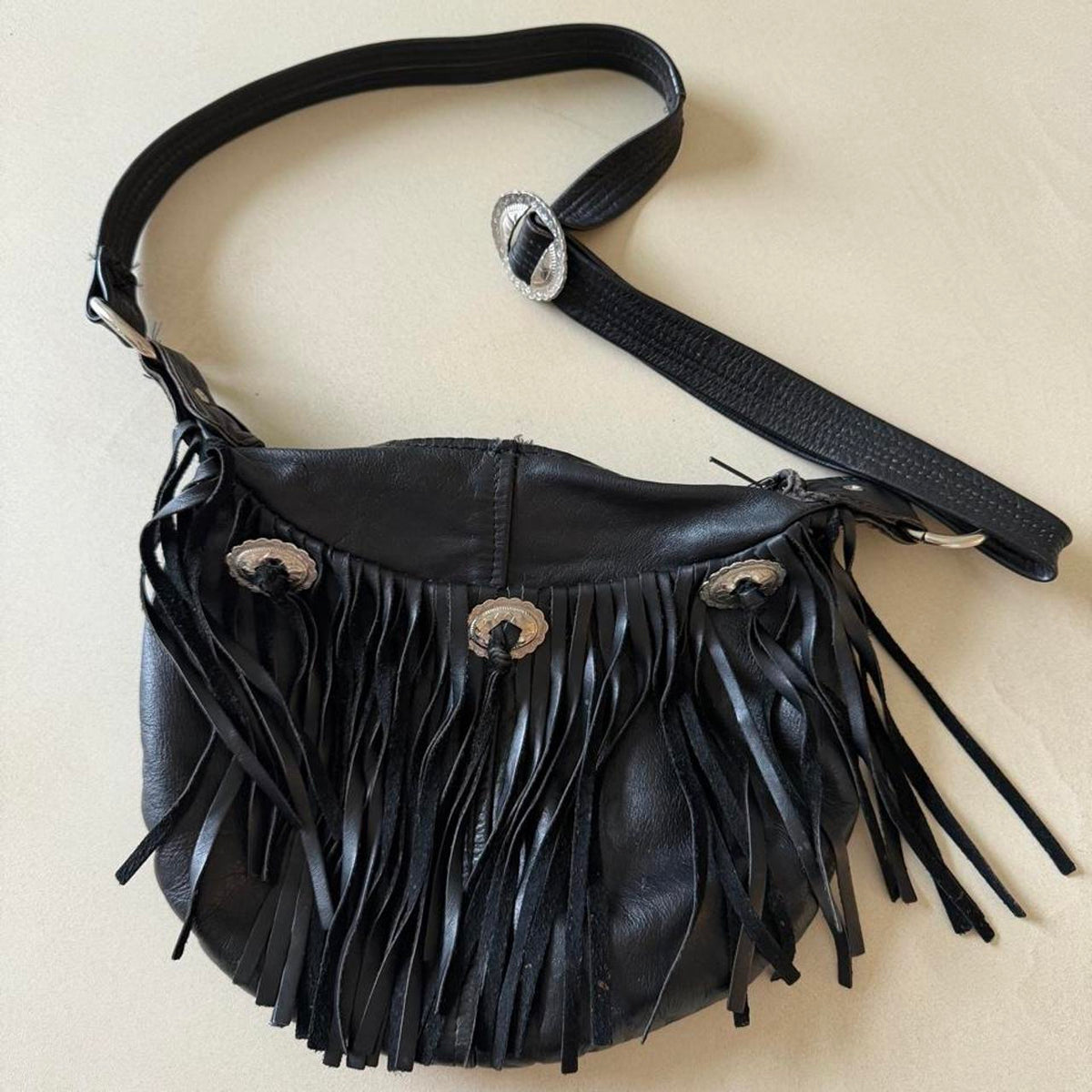 Vintage Black Leather Fringe Crossbody Purse with Conchos, Western Bag, Made in USA