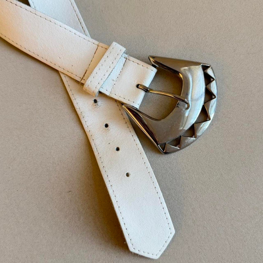 Vintage 80s White Leather Belt, Chunky Silver Sculptural Buckle Belt