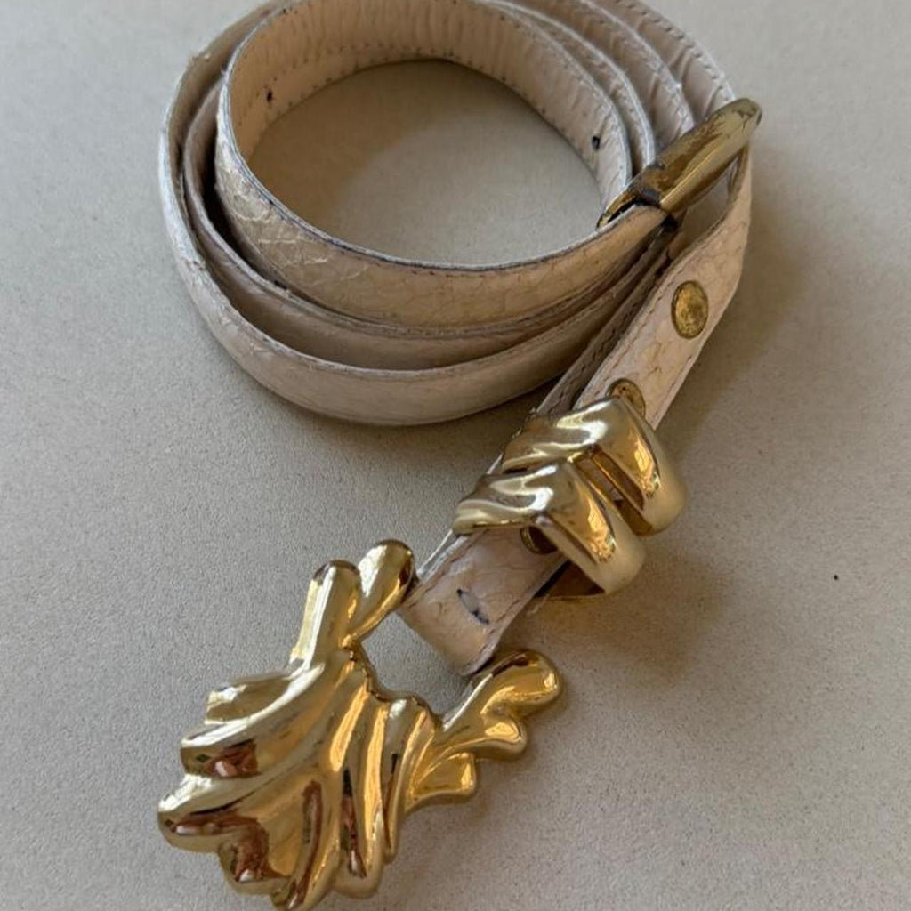 Vintage 1980s White Genuine Snakeskin Belt, Gold Leaf Buckle Statement Belt, 36 in
