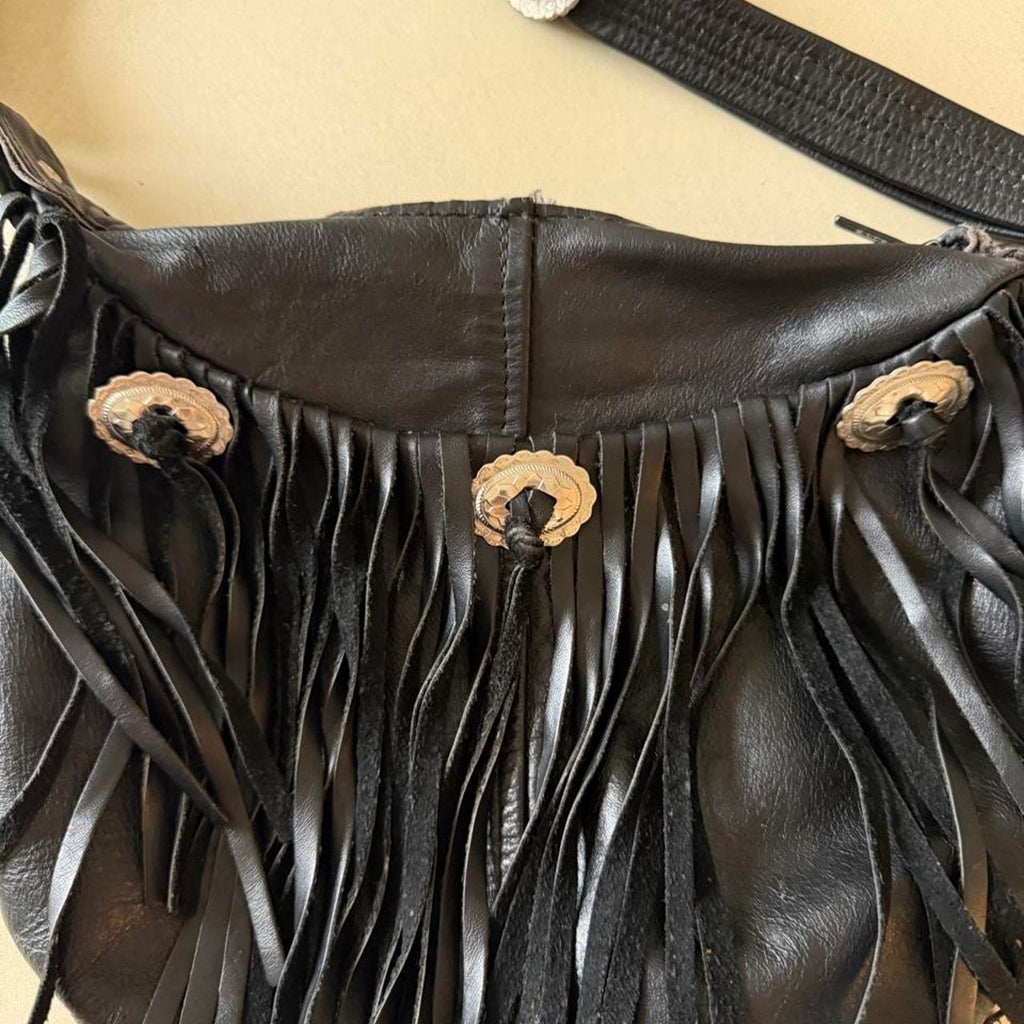 Vintage Black Leather Fringe Crossbody Purse with Conchos, Western Bag, Made in USA - photo 2
