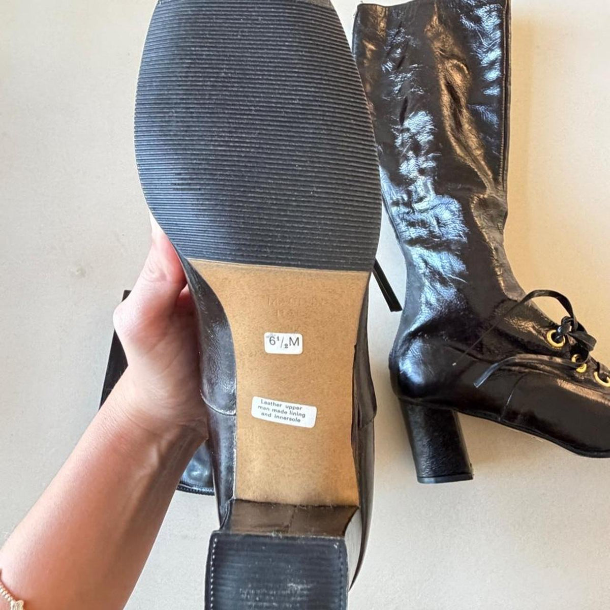 Vintage 1960s Black Patent Leather Mod Go-Go Boots, Deadstock Knee High Boots Size 6.5