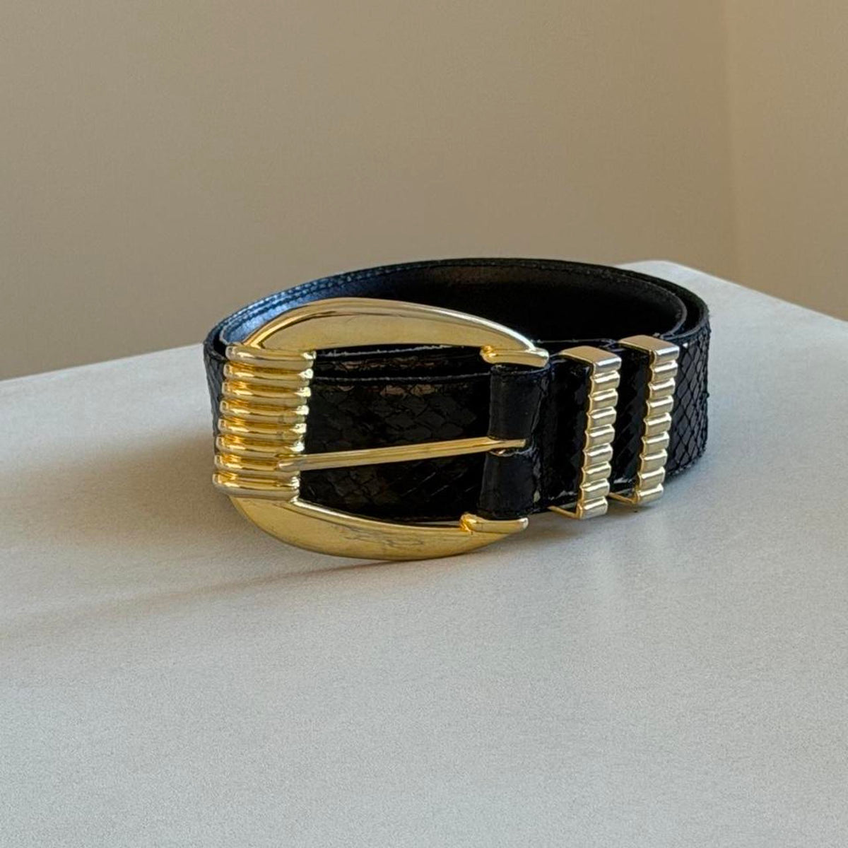 Vintage 1980s Black Genuine Snakeskin Belt, Sculptural Gold Buckle Statement Belt